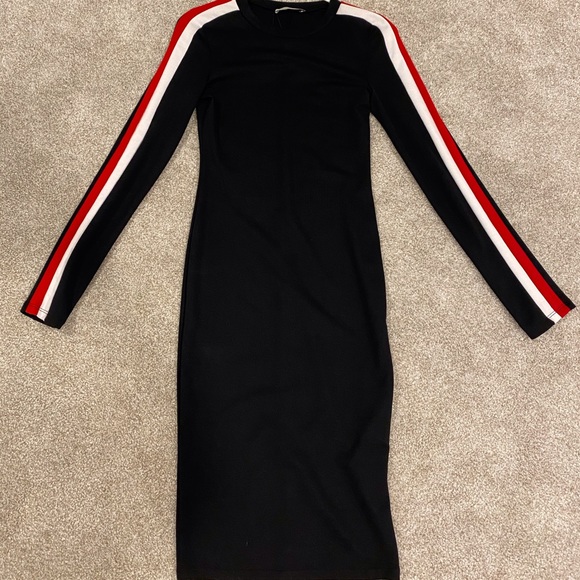 Zara Black Midi Long Sleeve Dress with White and Red Stripes - Picture 1 of 3